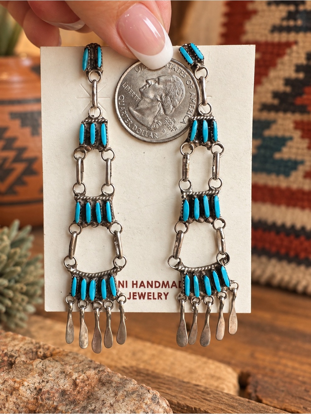 Signed Zuni Needlepoint Turquoise Post Dangle Earrings 🦋